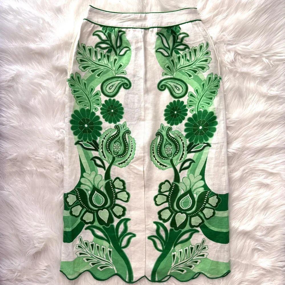 FARM Rio Color Festival Linen Midi Skirt, Green, NWT 🇧🇷 - Picture 8 of 16